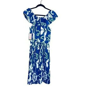 NWT Lily Pulitzer Crowley Dress Resort Blue White Anchor Women's Small Pleated